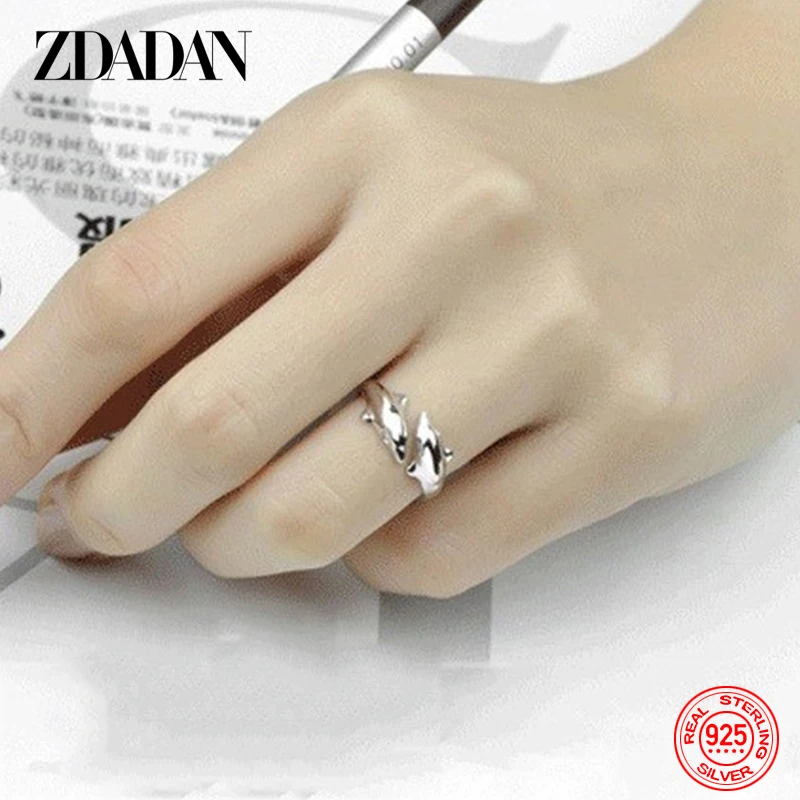 ZDADAN 925 Sterling Silver Double Dolphin Open Ring For Women Fashion Wedding Jewelry Party Gift