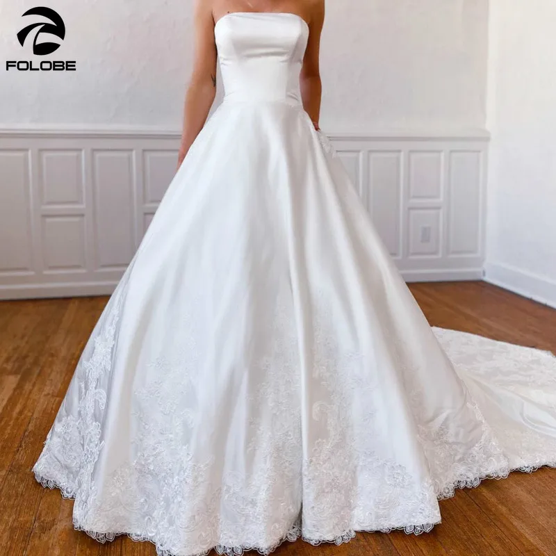 2021 elegante Satin Hochzeit Kleid Liebsten Backless Appliques Spitze Tasten Kapelle Zug Brautkleid Neueste Design Nach Maß