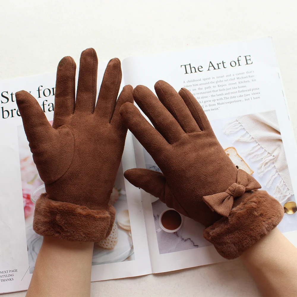 Guantes cálidos de invierno para mujer, protectores de manos de gamuza a prueba de viento y frío, color de pantalla táctil, moda de arco, engrosados