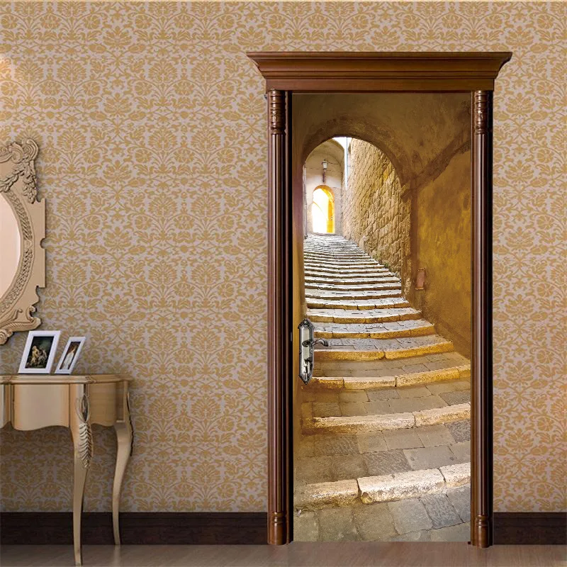 Medieval Stone Hutongs DIY Door Wall Sticker Home Decor Living Room Children Room Bedroom Art Mural Self-adhesive PVC Wallpaper