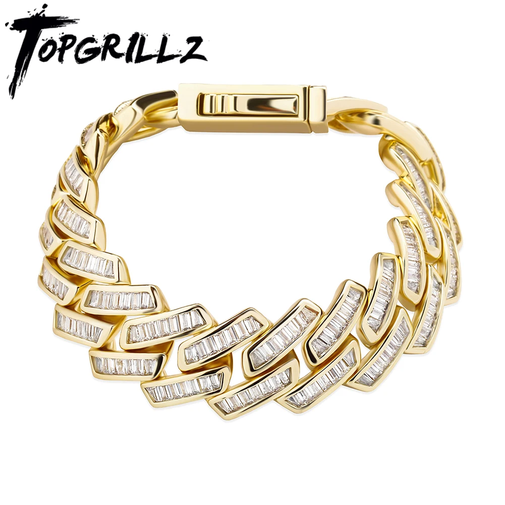 TOPGRILLZ Mens Bracelet 18mm Baguette Prong Cuban Link Bracelet CZ Iced Out Chain High Quality Hip Hop Luxury Jewelry For Gift