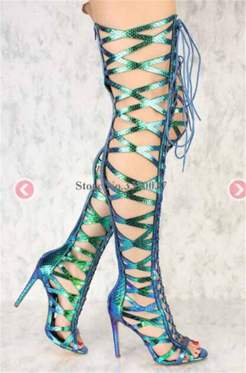 New Design Women Fashion Open Toe Lace-up Strap Cross Over Knee Gladiator Boots Cut-out High Heel Long Boots Dress Shoes