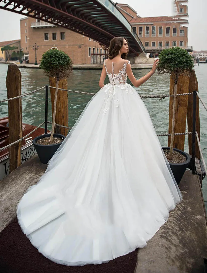 Fanweimei-vestidos de Boda de Princesa de manga corta, apliques de encaje hechos a medida, con cuentas, Vintage, para novia, 2020