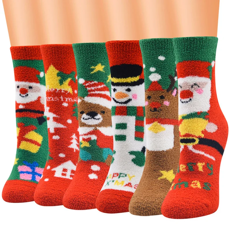 

LKWDer 5 Pairs Winter Thick Socks Women's Kawaii Christmas Santa Claus Print Children's Funny Socks Coral Fleece Fluffy Socks