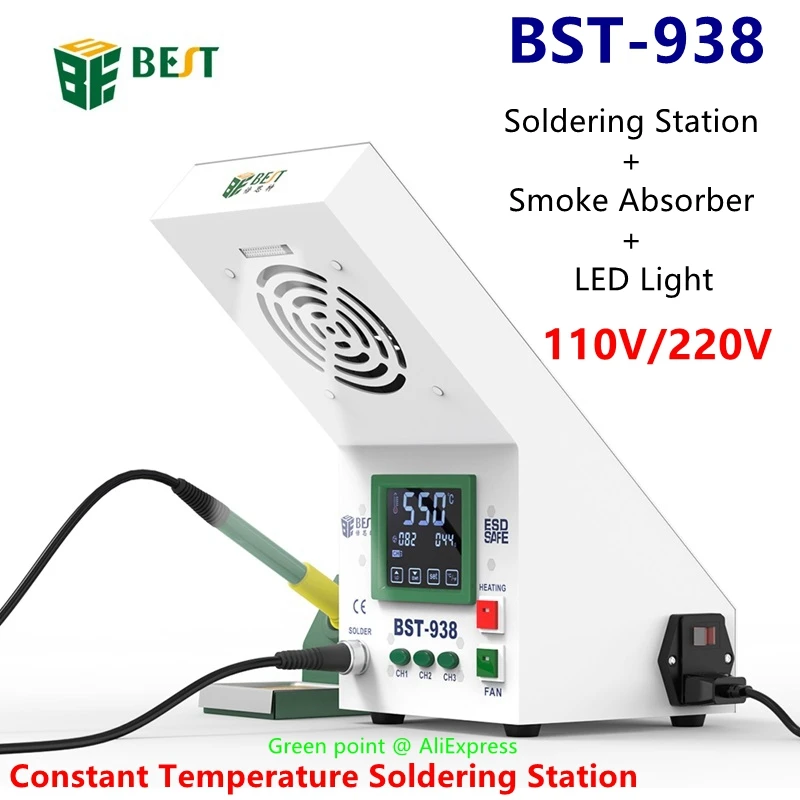 

BST-938 Antistatic Thermostat Soldering Station Smoke Absorber Touch Screen LED Light Adjust Temperature Soldering Iron Station