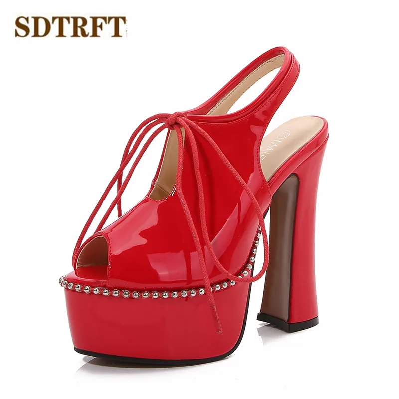 SDTRFT Sandals Platforms Shoes Woman Open Toe zapatos mujer 14cm Thick Heels Patent Leather Catwalk Shows Slingback Red Pumps