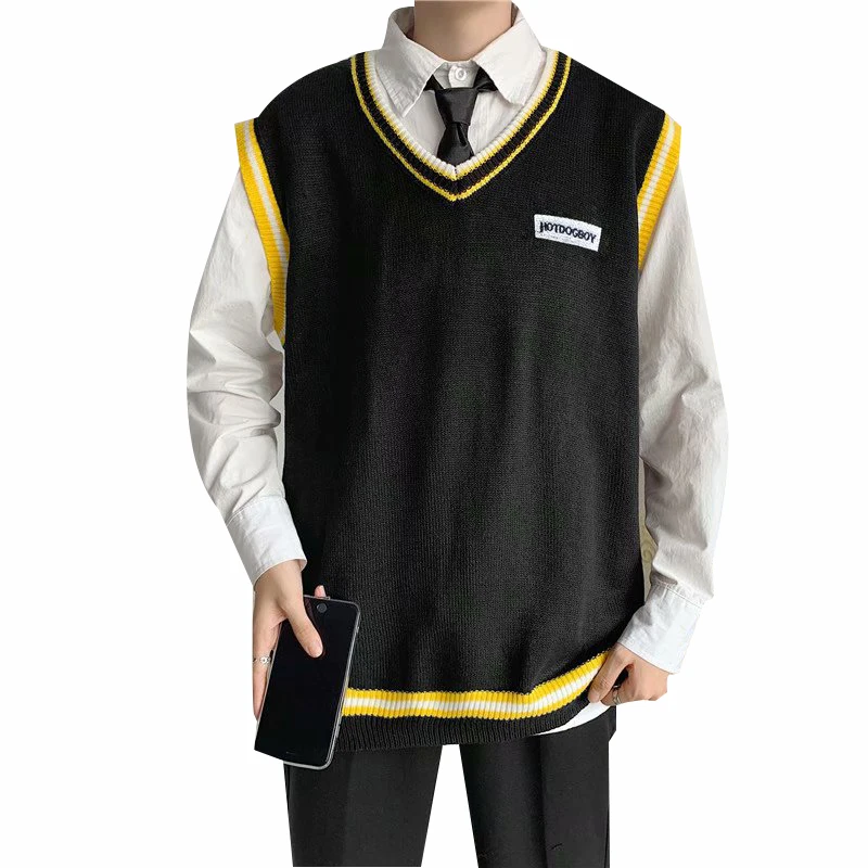 

Men's V-neck Wool Vest Sweater Soft Autumn Spring Sleeveless Patchwork Spacious Casual Clothes Knitted Male Coats Drop Shipping