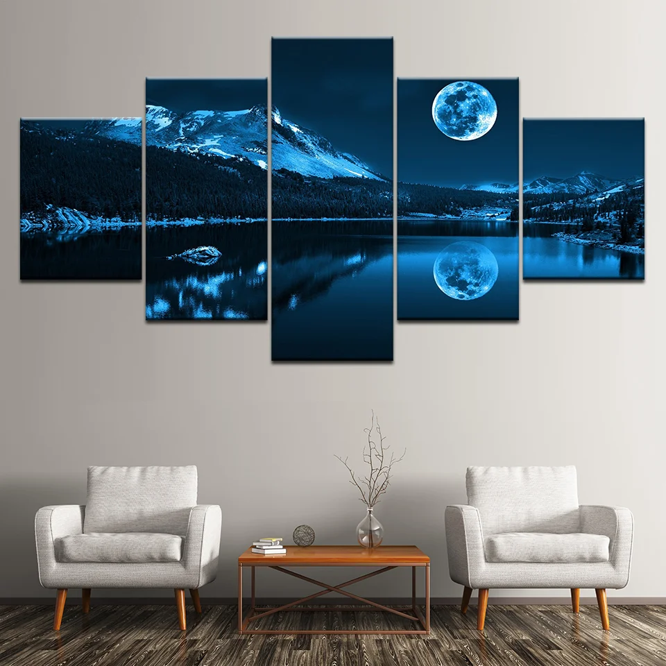 Modern Decoration Home Wall Art, Modular Pictures Abstract Canvas, Blue Moon, Night Scene Paintings, HD Printing Decor, 5 Pieces