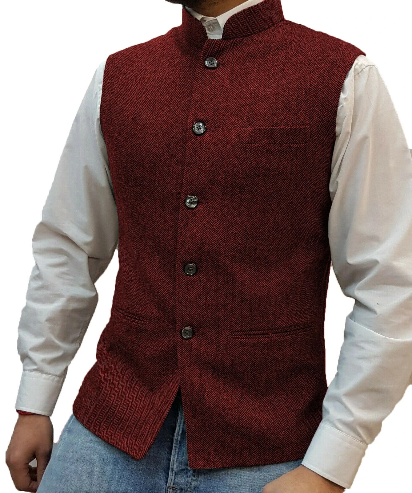 Mannen Pak Vest Bruin Visgraat Wol Tweed Stand-Up Kraag Slim Fit Vest Bruidegom Kostuums Kleding Voor Mannen bruiloft Vest