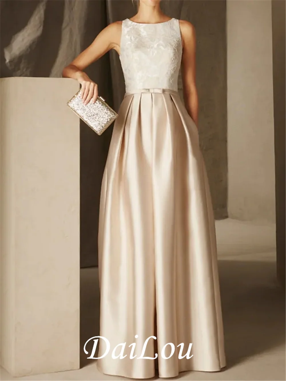 

A-Line Empire Elegant Wedding Guest Formal Evening Dress Jewel Neck Sleeveless Floor Length Satin with Sash Pleats Appliques2022