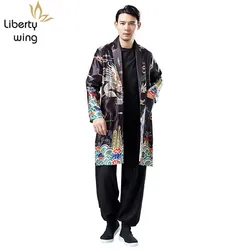 2020 Spring Chinese Style Men Printing Pattern dragon Long Slim Fit Lapel Casual Trench Outerwear Male Robe Runway Coats