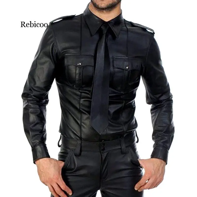 Men Faux leather Long Sleeve Shirts PU Leather T Shirts Men Sexy Fitness Tops Gay Latex T-shirt Tees Men Sexy Party Clubwear