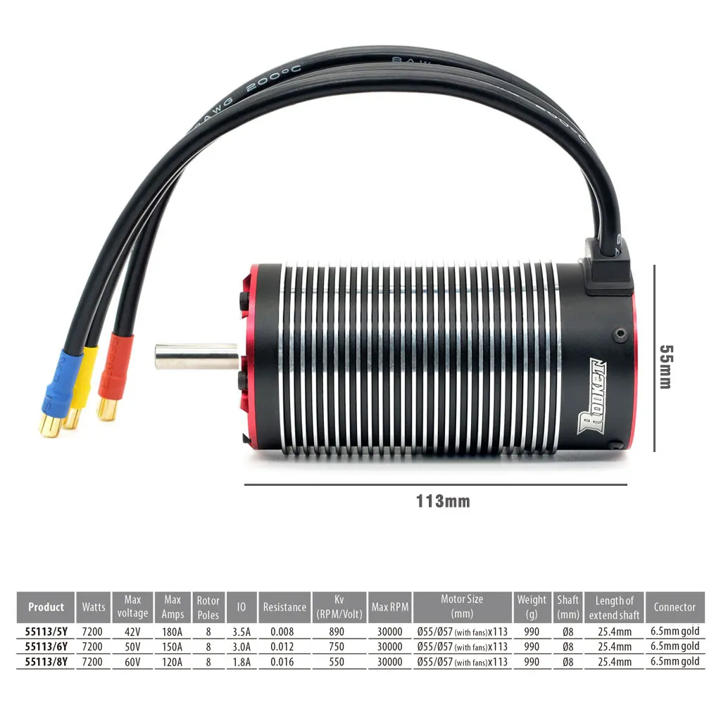 Rocket 890KV 750KV 550KV Brushless Sensorless Motor 55113 w/Temp Sensor Port for 1/5 1/6 1/7 RC Monster Buggy Baja Car