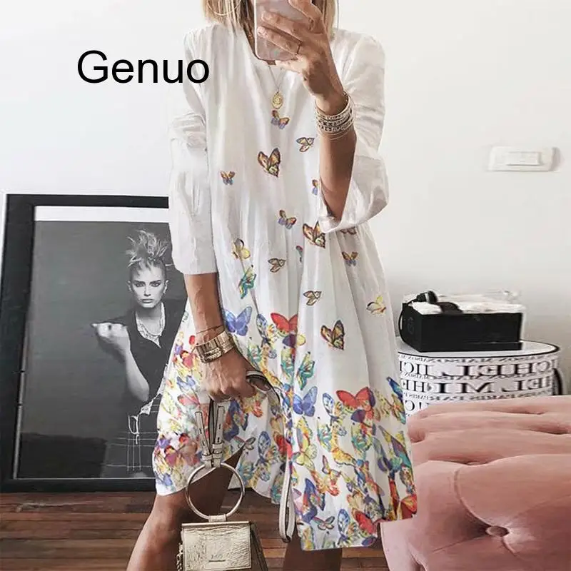 

Butterfly Leaf Print Beach Dress Seven Sleeve Women Autumn Elegant Casual O Neck Knee-length Boho Dress Summer Loose Dresses 5XL