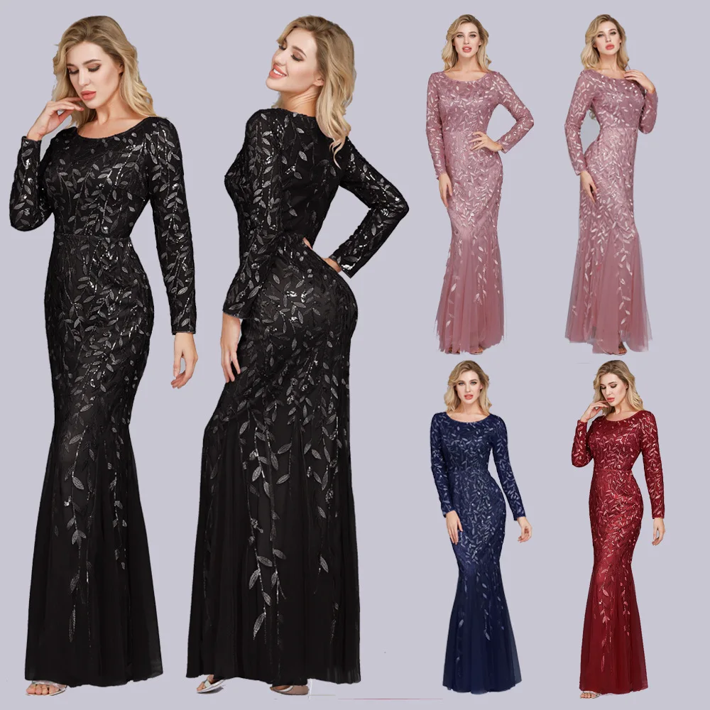 

Elegant Women's Banquet Evening Dresses Long Sleeve Round Neck Prom Gowns Floor Length Plus Size Mermaid Special Occasion Dress