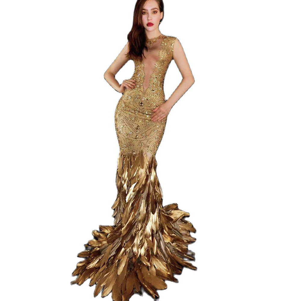 Women Glisten Gold Inlaid Diamond Dress Transparent Sleeveless Tight Elastic DS Costumes Long Feathers Trailing Dressy