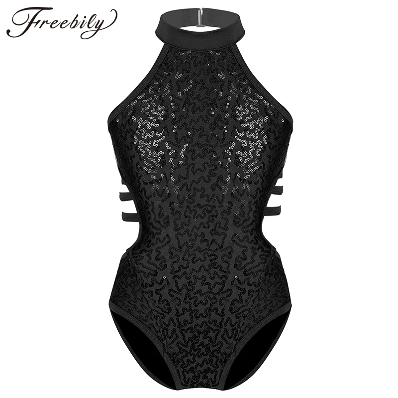 Sleeveless Sparkly Sequins Cutout Back Strappy Waist Gymnastics Leotards for Girls Ballet Dance Costume Kids Dancewear