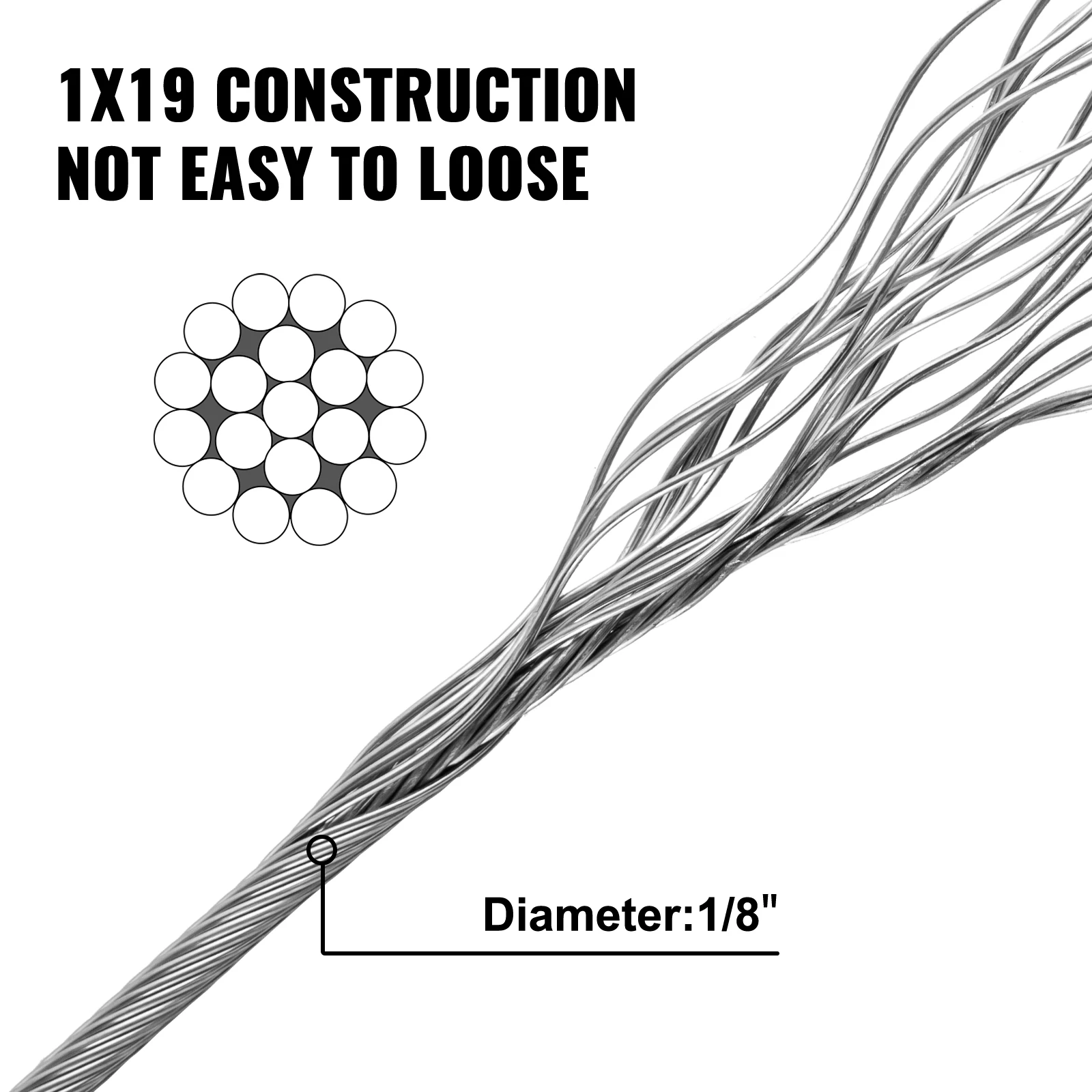 VEVOR 500 1000Feet Steel Wire Cable 316 Stainless Steel Rope 1/8Inch 1760lbs Breaking Strength 1x19 Construction for Home DIY