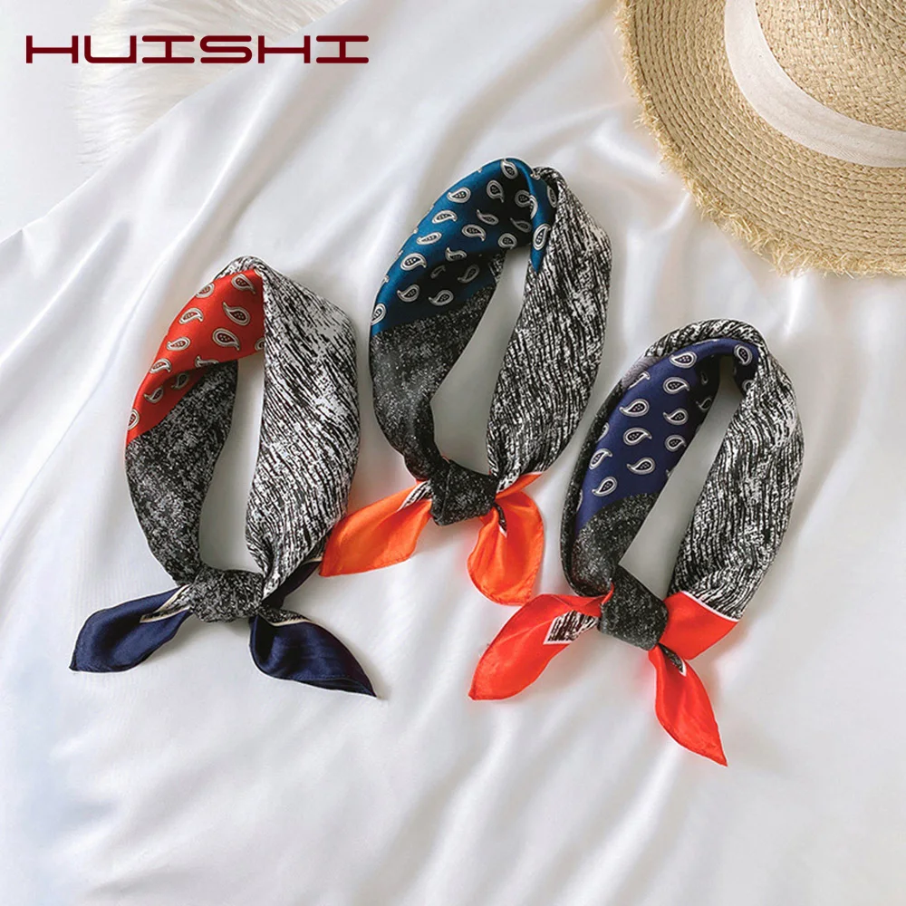 HUISHI Small Scarf Fashion Kerchief Women Head Scarf For Hair Grey Red Black Blue Silk Neck Scarves Female 53cm Square Bandanas