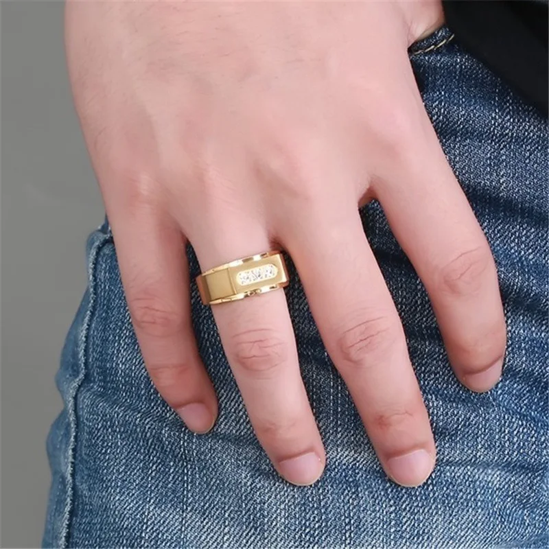 Fashion Men Jewelry Ring Luxury Alloy Gold-Color Ring Charm Crystal Zircon Ring For Men Accessories Party Gift