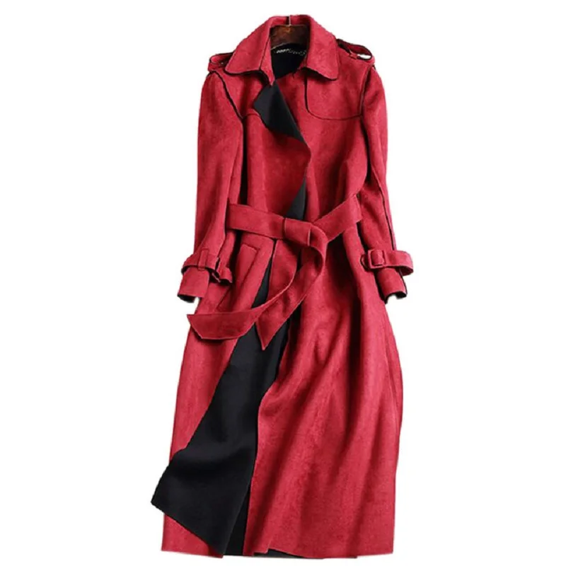 Women\'s Slim Red Suede Trench Coat, Female Overcoat, Long Cardigan, Elegant Outwear, New, Autumn, Z234