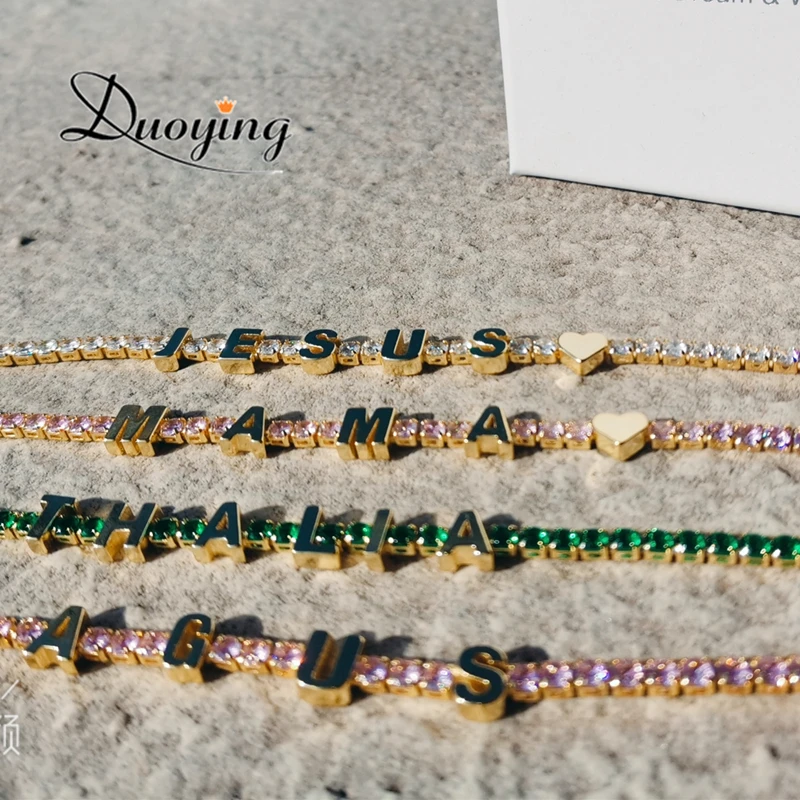 Duoying New Personalized Custom Letters Tennis Chain Bracelet Colorful Zircon Name Bracelet Women Exquisite Gift