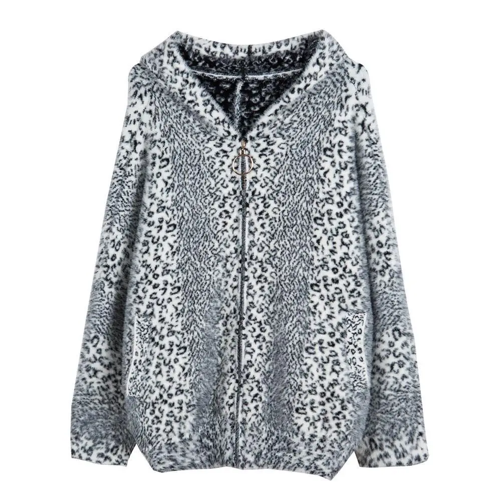 Jumper Mink Full Zipper Limited Thick Cardigan Women's Sweater New Lazy Wind Loose Imitation Velvet Leopard Knit Women