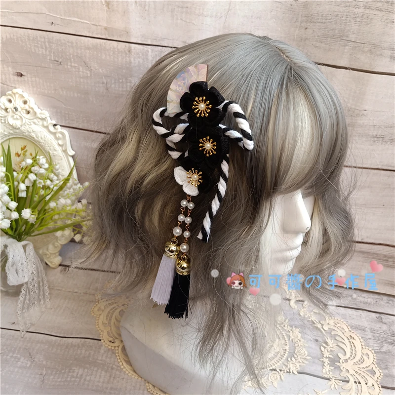 Harajuku Barrettes Japanese-style GIRL'S Kimono Cherry Blossom Fan Hair Accessories Lolita SOFT Girl Tassels Side Clip Hairclips