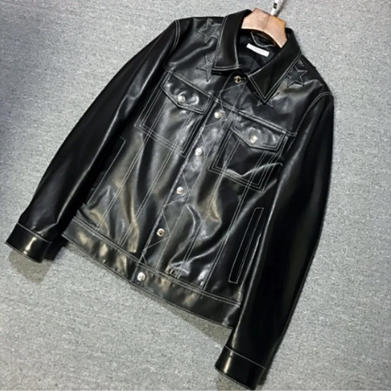 Style Punk Genuine Leather Motorcycle Bikers Jacket Mens Long Sleeve Sheepskin Coat Lapel Slim Fit Streetwear Casual Outerwear