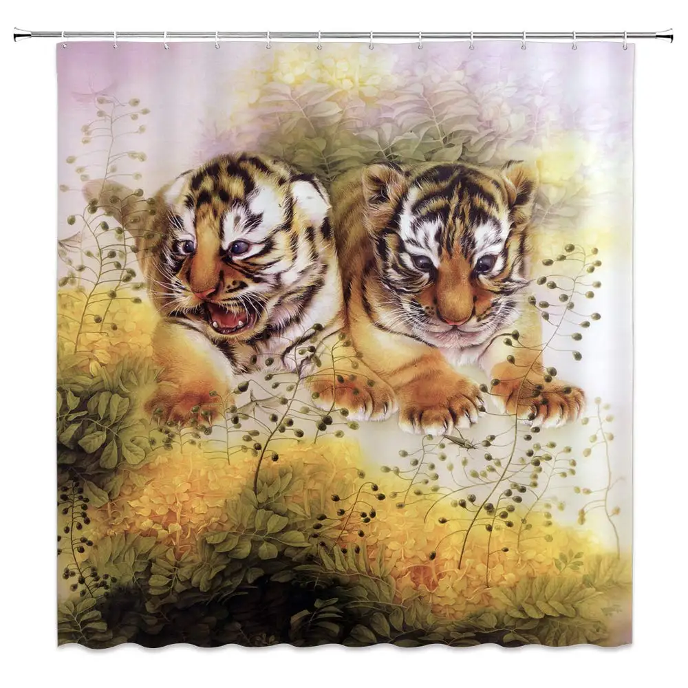 Wildlife Animal Decor A Pair of Little Tigers Sharp-witted Grass Shower Curtain