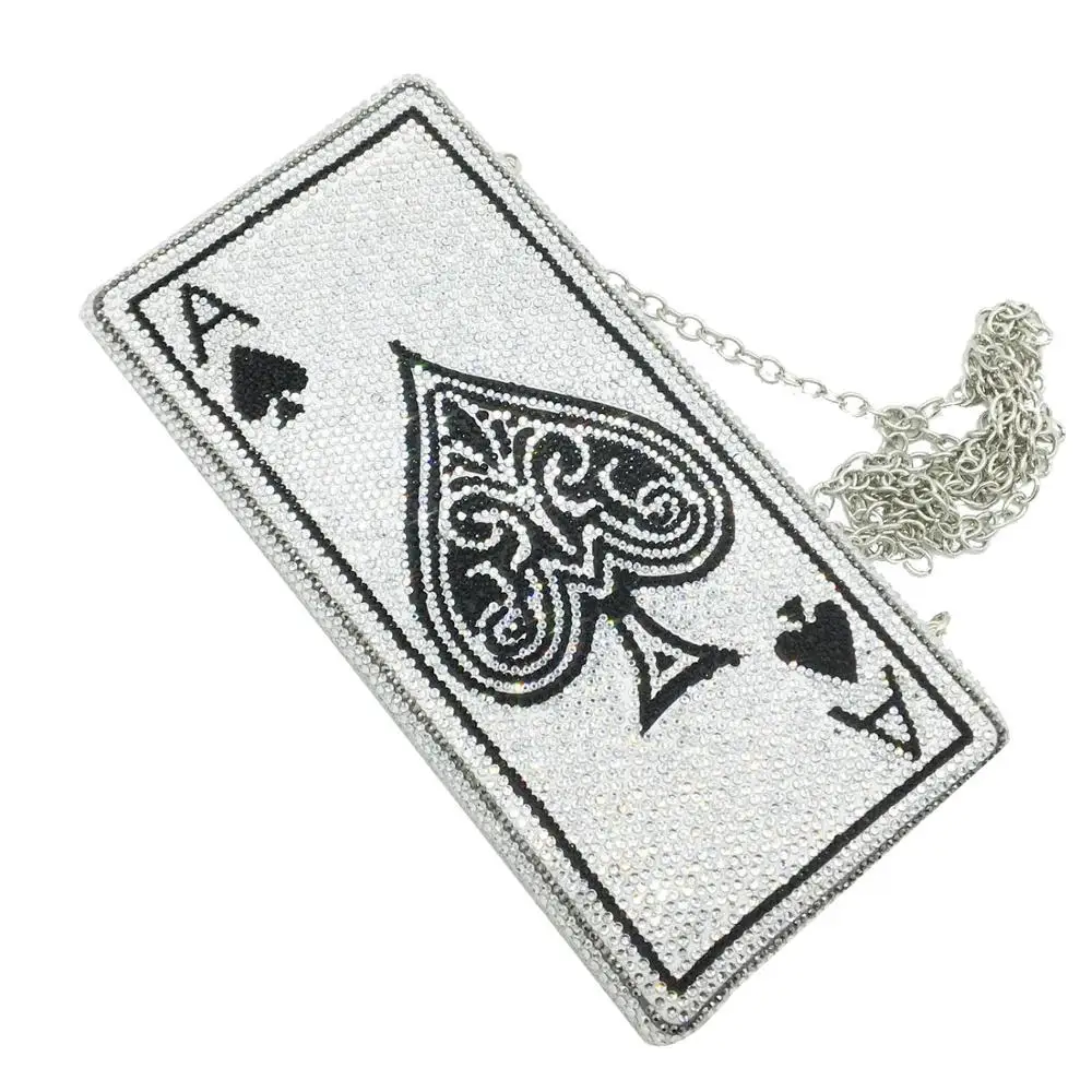 Boutique De FGG Poker Playing Card Spade Ace Women Crystal Clutch Purse Evening Bag Vegas Rhinestone Handbags Casinos Dinner Bag