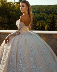 Custom Made Luxurious Wedding Dresses Ball Gown Puffy Long Sleeve Tulle Crystal Beaded Sequins Women Formal Bride Gowns 2025