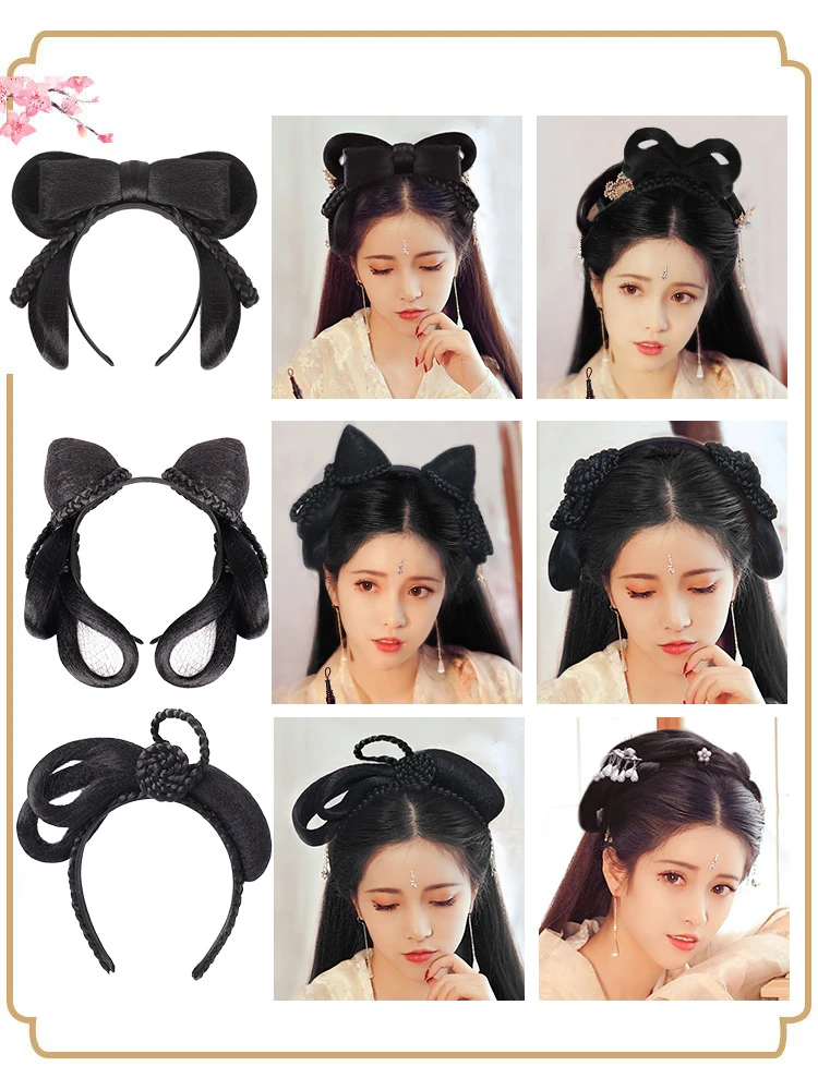 Buqi Chinese Traditionele Retro Haar Chignon Synthetische Hanfu Cosplay Pruik Zwart Fake Knot Oude Fee Prinses Haarband