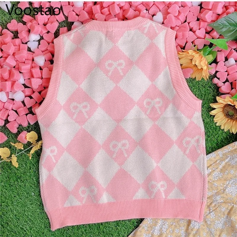 Japanese Cute Lolita Bow Baby Bear Jacquard Knitted Pullovers Spring Autumn Women Loose JK Sweater Vest Girly Sweet Waistcoat