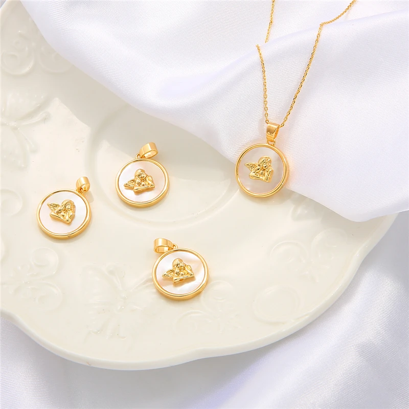Fashion 18K Gold Plated Brass Copper Cupid Angel Charm Pendant With Natural Shell For Necklace DIY Jewelry Making