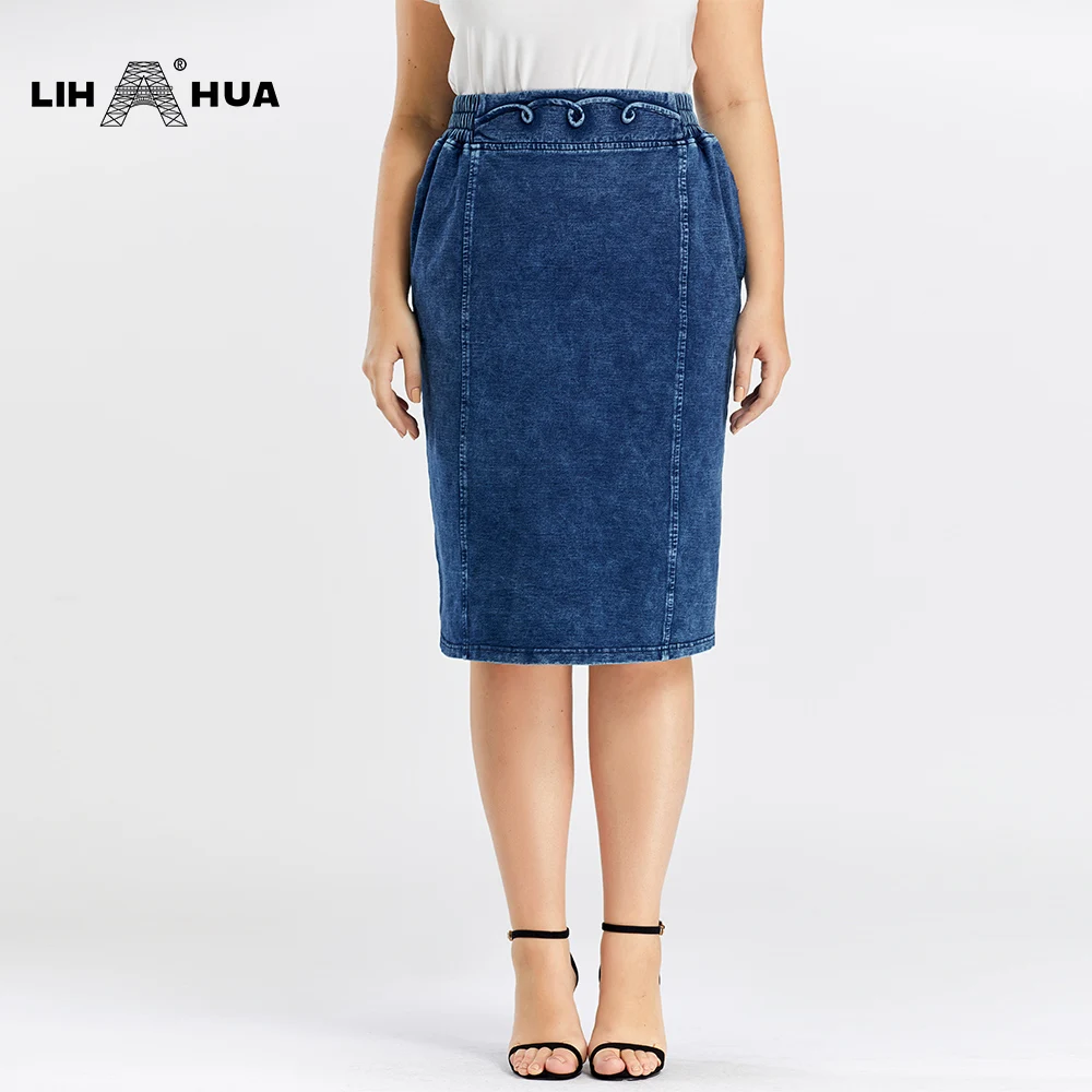 LIH HUA Women\'s Plus Size Denim Skirt Cotton Spring Elastic Fashion Casual Knit Skirt