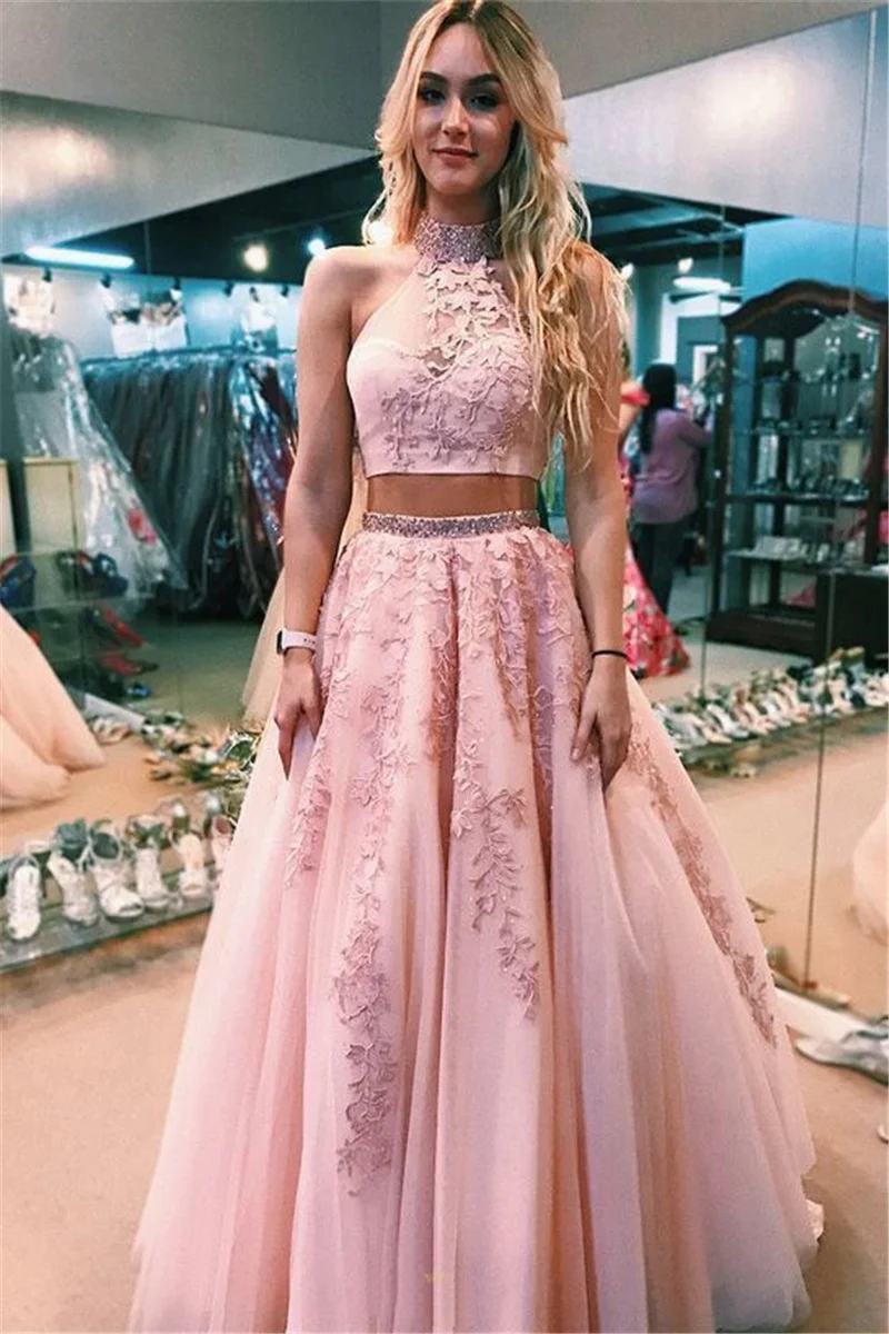 Flush Roze Prom Dress Applique Twee Stukken A-lijn Halter Kralen Tulle Elegante Mouwloze Illusion Avondjurk Вечернее Платье