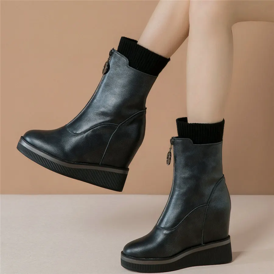 

Shoes Women Genuine Leather Wedges High Heel Pumps Female High Top Fashion Sneakers Round Toe Platform Ankle Boots Casual Shoes