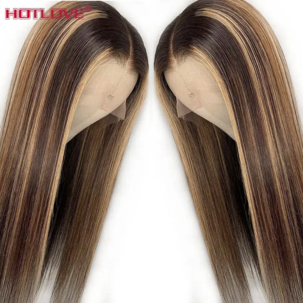 Pelucas de cabello humano liso con encaje frontal para mujer negra, cabello brasileño con reflejos, Color ombré, 13x1, Remy