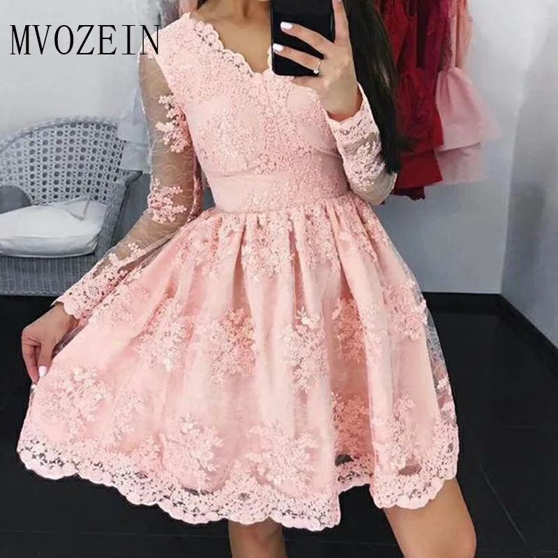 Mvozein-Robe de soirée rose en dentelle, col en V, manches longues, au-dessus du genou, zone éducative, remise des diplômes, robe de soirée courte, 2023