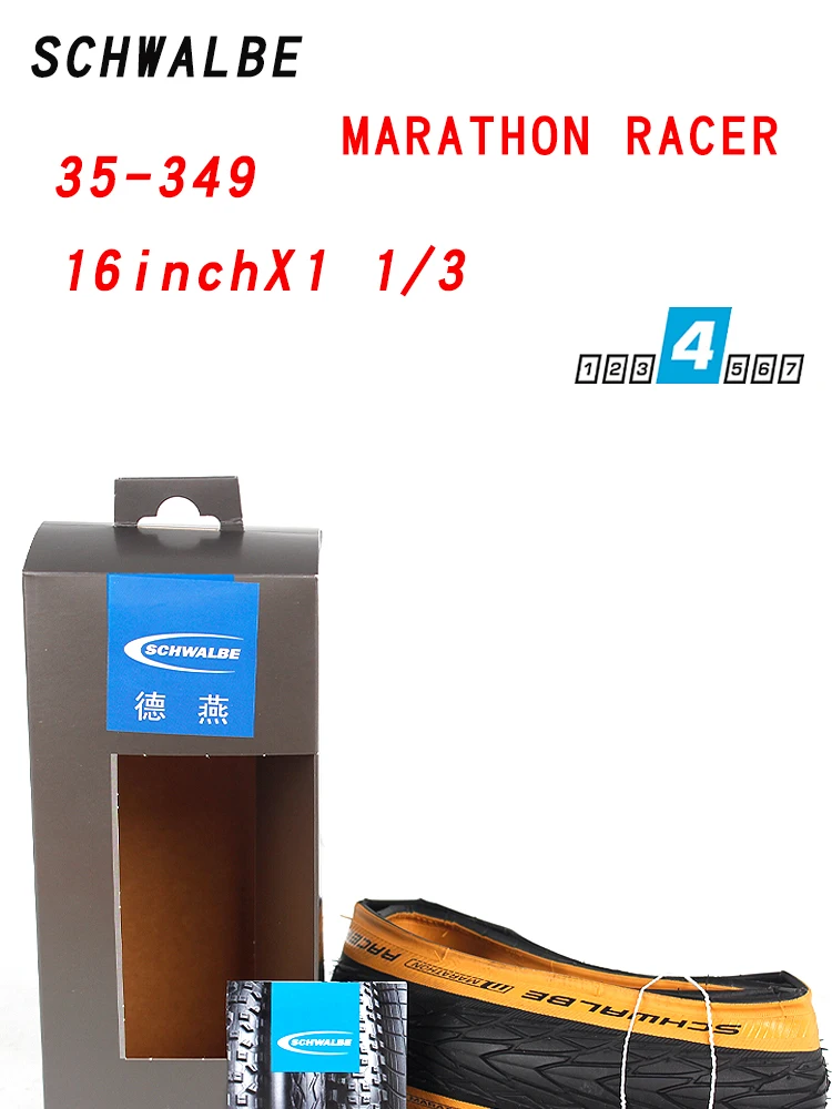 Schwalbe Marathon Racer 35-349 16 Zoll Fahrradreifen 16x1 1/3 Ultraleicht Gelber Seitenstreifen für Faltbare Reifen – Detail 1