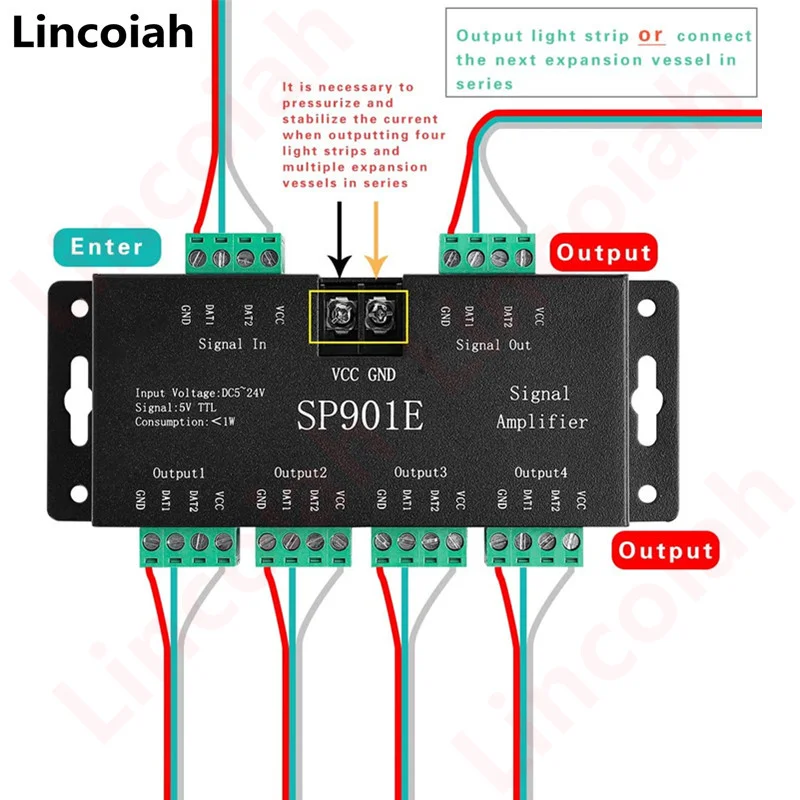 SP901E SPI Signal Amplifier Repeater for WS2812B WS2811 WS2813 RGB Addressable LED Pixel Strip Programmable Matrix Panel Light