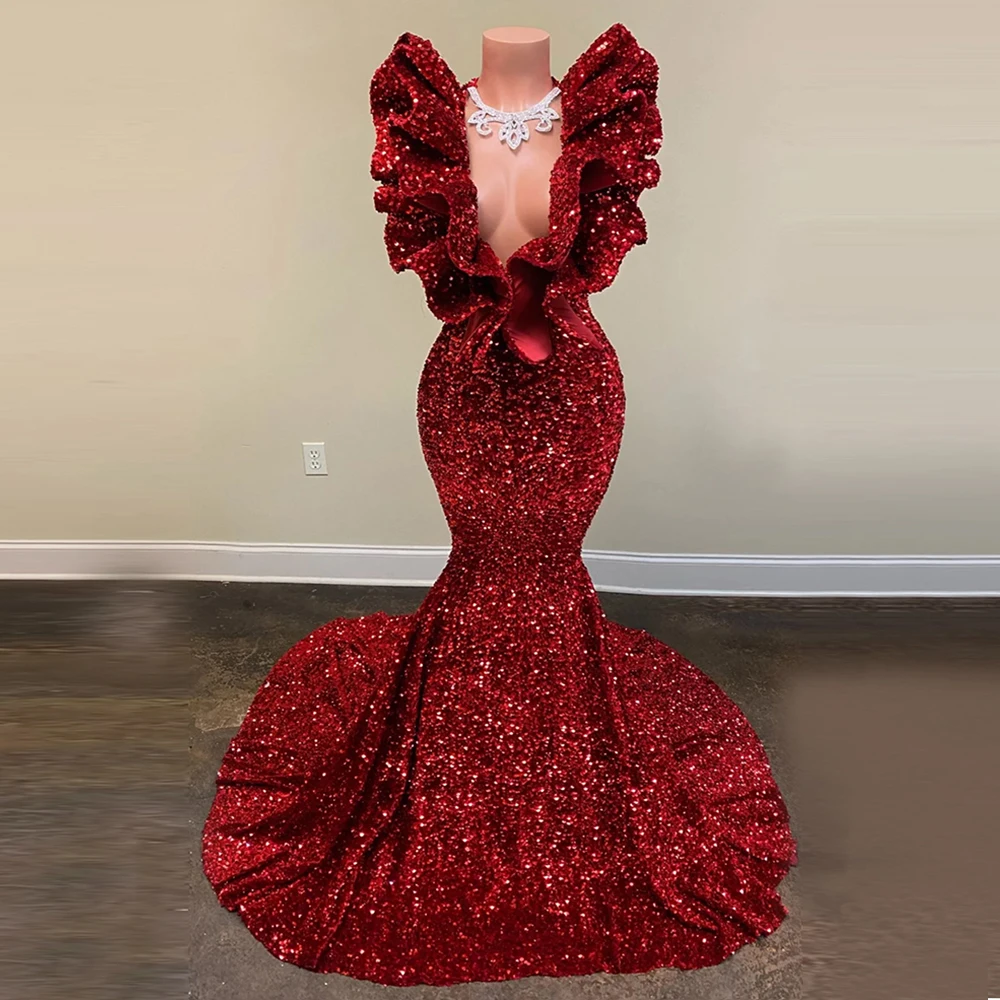 Sexy paillettes bordeaux increspature scollo a V sirena abiti da ballo senza maniche abiti da sera da sposa abiti senza schienale abiti da festa