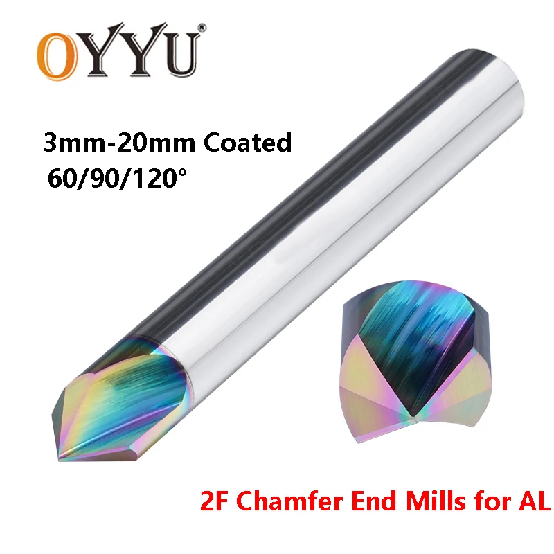 

OYYU Концевая фреза для снятия фаски с цветным покрытием для алюминия, 2-зубая твердосплавная фреза с ЧПУ, инструменты для снятия фаски 60 90 120 градусов 3 мм-20 мм