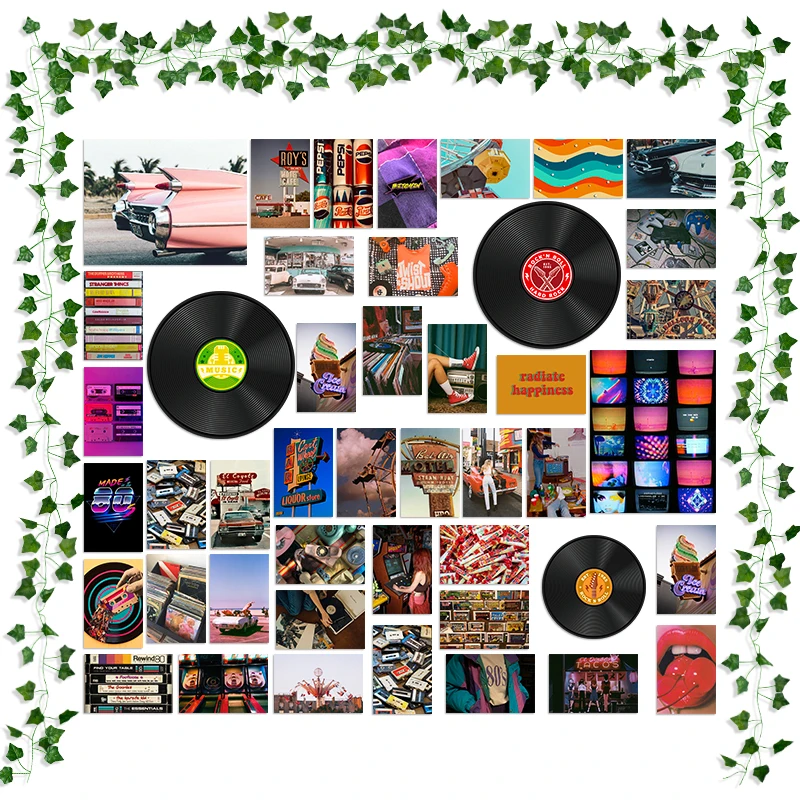 48Pcs Record Wall Aesthetic Collage Kit Retro Style Photo Fake Vines Vintage Album Model Card Bedroom Home Decor for Kids Adults