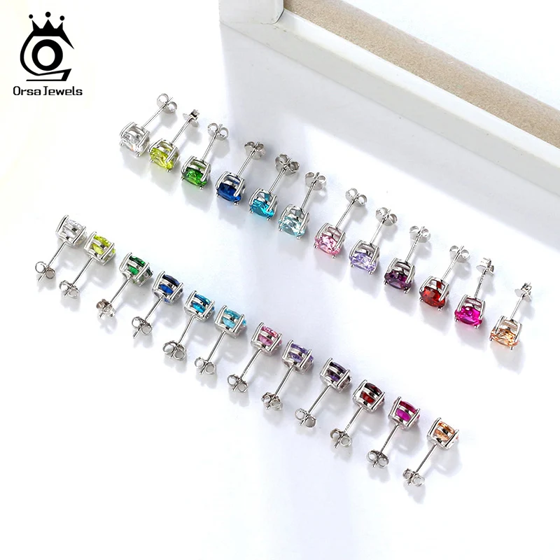 ORSA JEWELS 925 Sterling Silver Women Stud Earrings 12 Color Month Lucky Birthstone AAA Cubic Zircon Earrings Girls Jewelry SE84