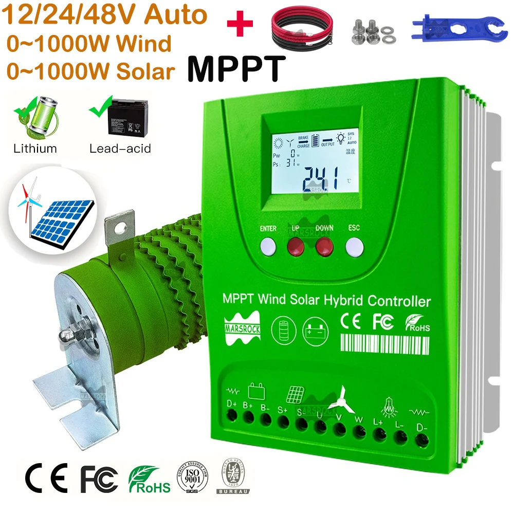 Vento Híbrido Controlador de Carga Solar Equalizador de Bateria Mppt 12v 24v 48v 2000w 30a 60a para Bateria de Lítio Lifepo4