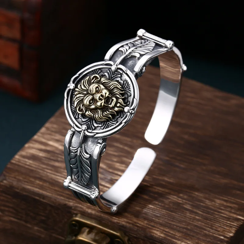 BOCAI New Real Pure s925 Sterling Silver Bracelets for Men Relief Lion Pattern Punk Charms Bangle Fine Choice Jewelry