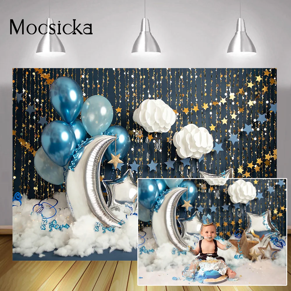 

Birthday Cake Smash Photography Backdrop Photo Studio Balloons Golden Twinkle Star Baby Portrait Background Cloud Moon Photocall