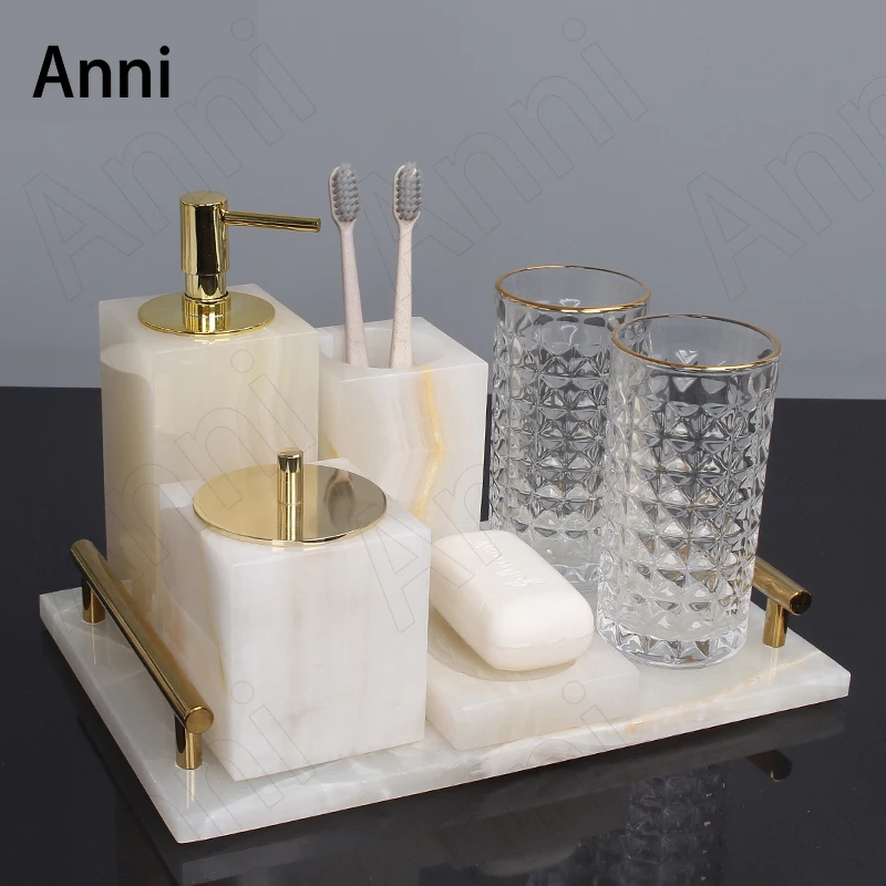 

Creativity Natural Marble Bathroom Accessories Set European Modern Five Piece Set Shower Accessories Restroom Wash Set Organizer